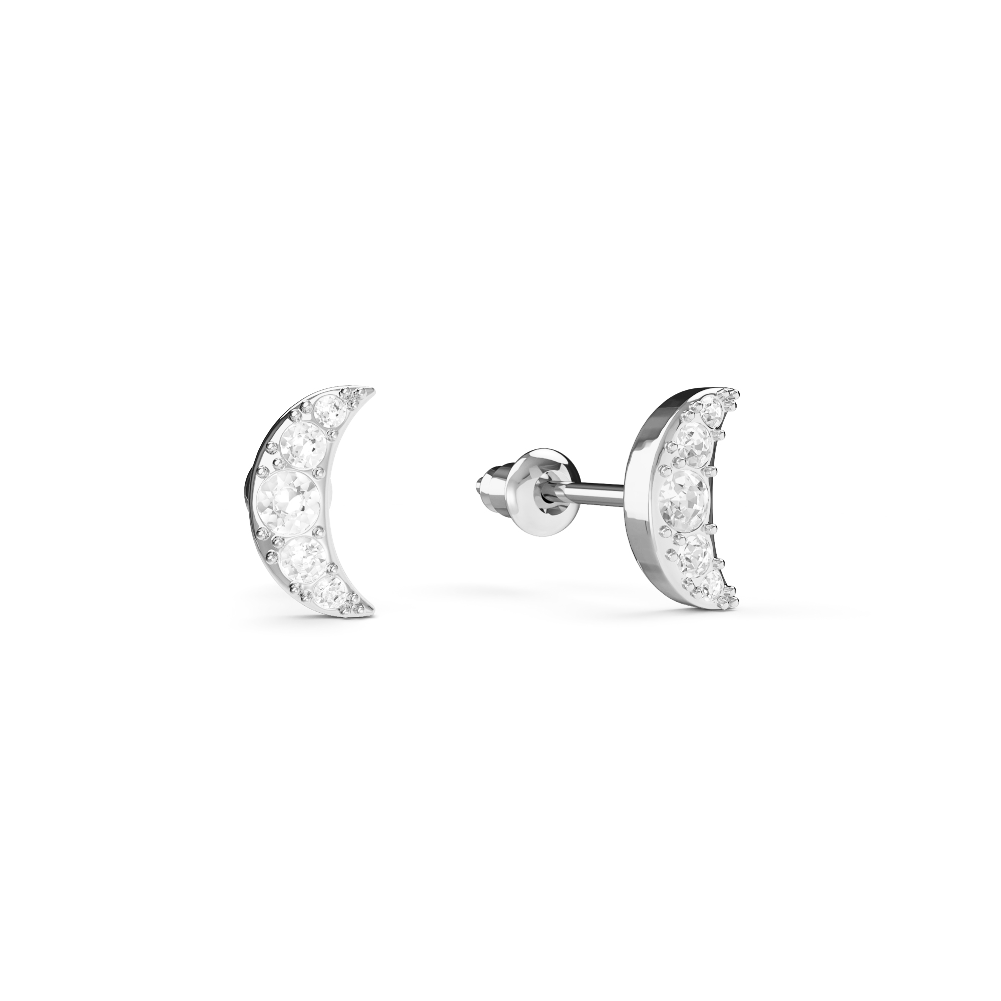 Petite Half Moon Stud Earrings Clear Crystals Rhodium Plated
