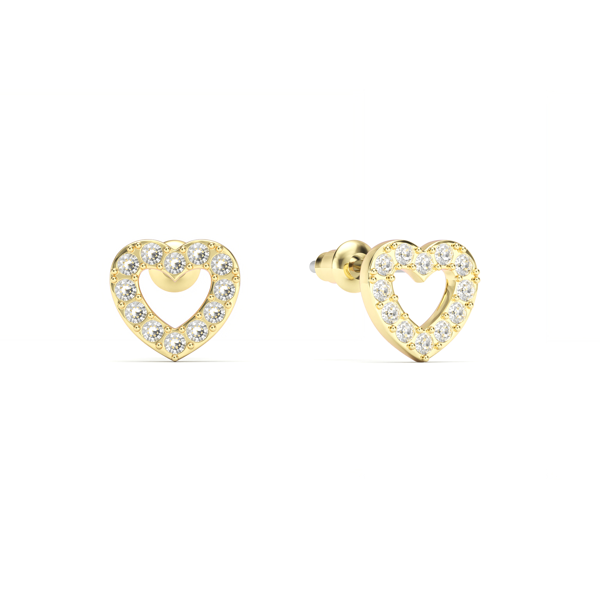 Open Heart Stud Earrings Clear Crystals Gold Plated