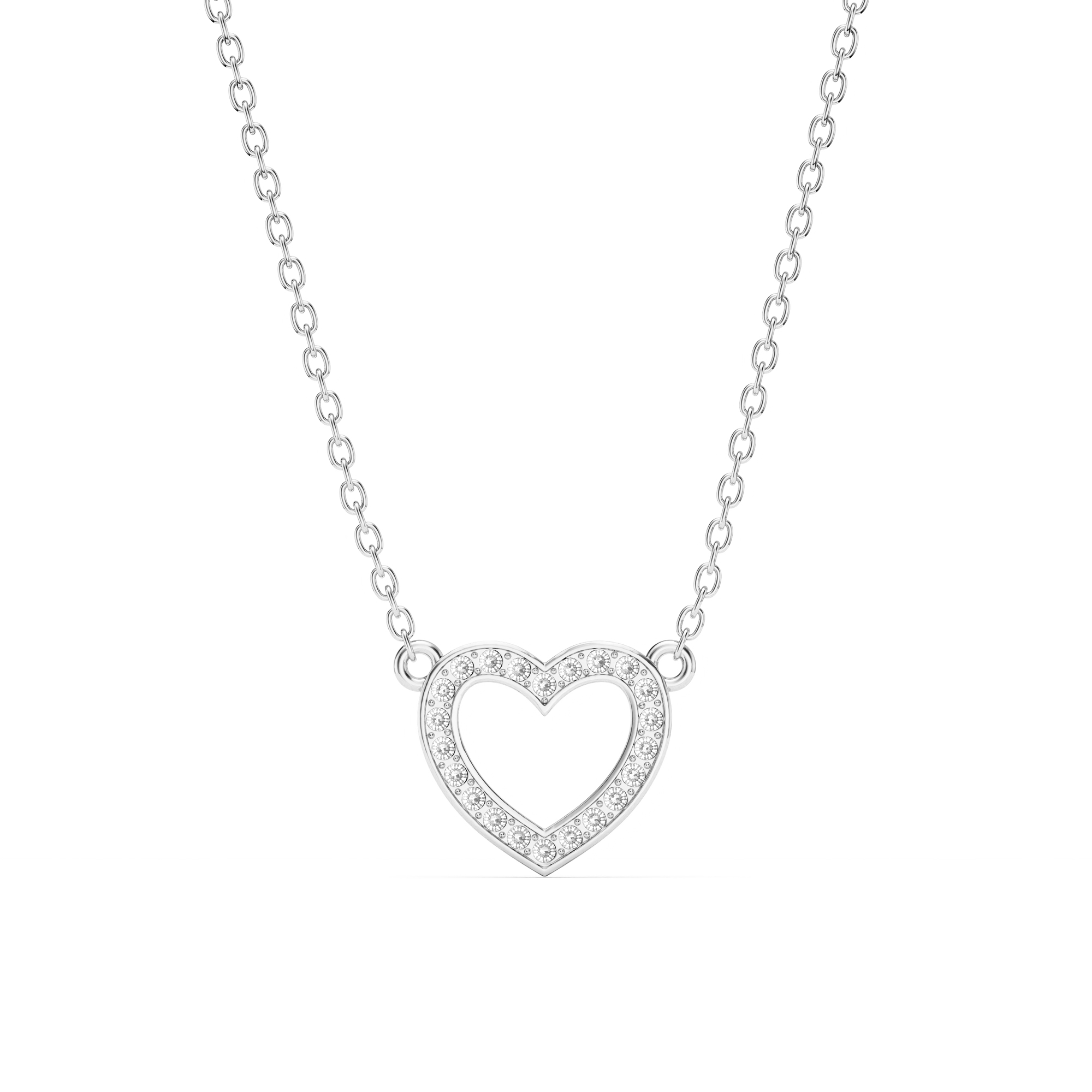 Open Heart Necklace Clear Crystals Rhodium Plated