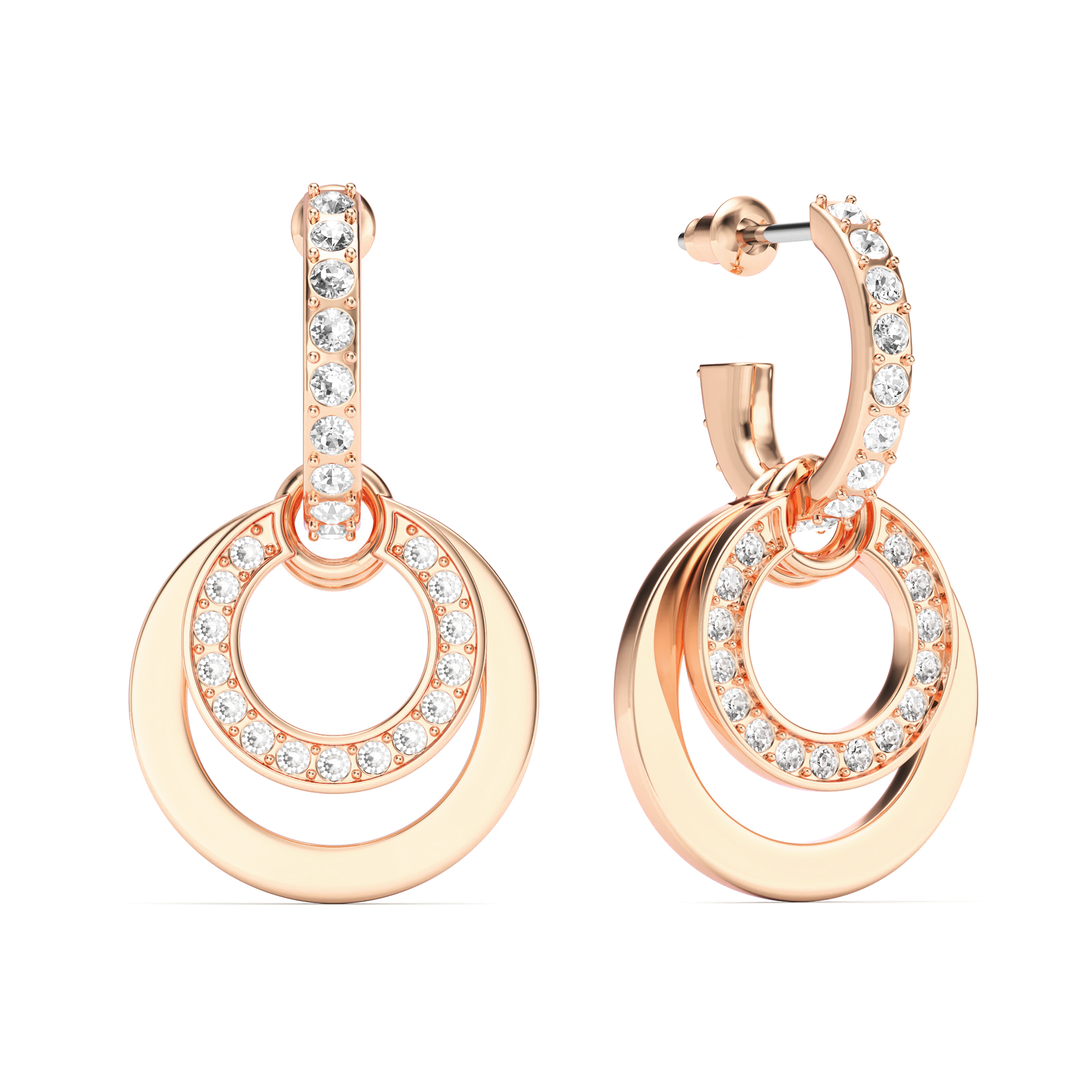 Circle Double Drop Earrings Clear Crystal Rose Gold Plated
