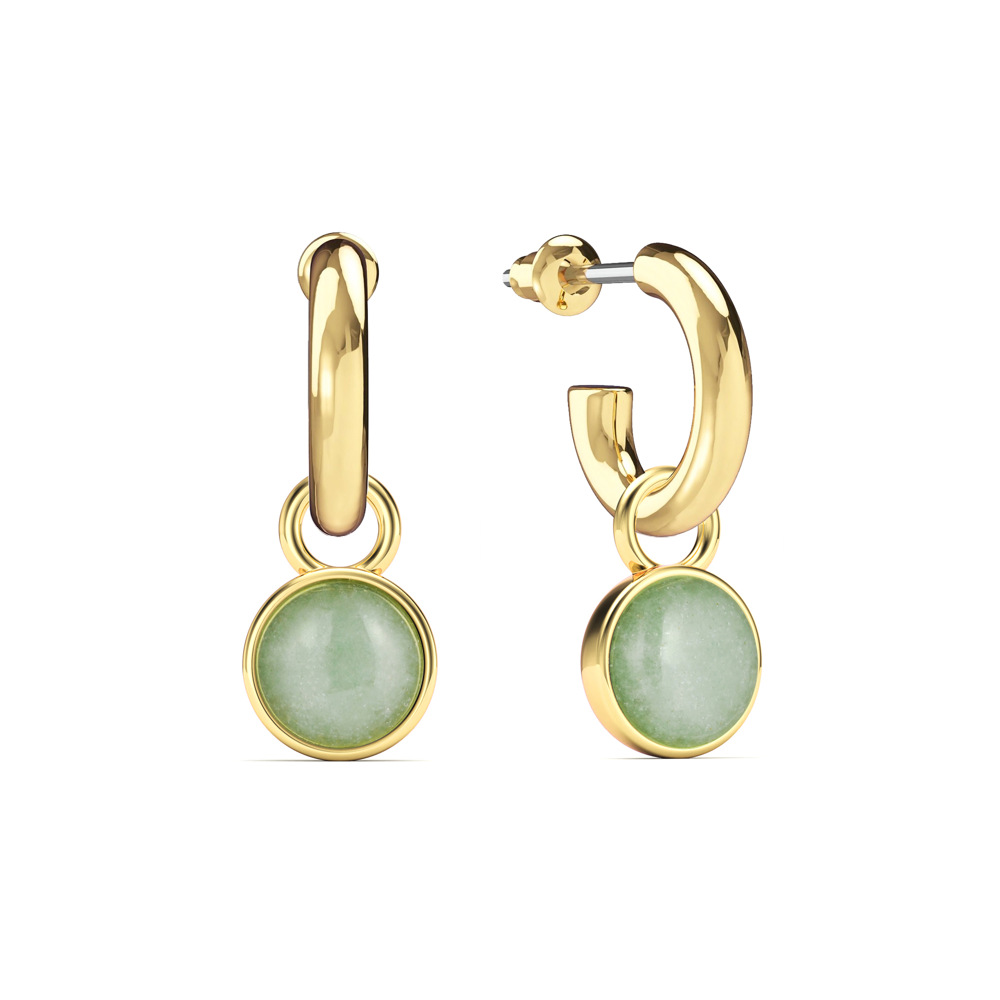 Round Cabochon Green Aventurine Drop Earrings Gold Plated
